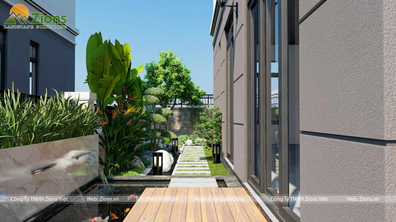 Thiết kế sân vườn hồ koi bên hông nhà